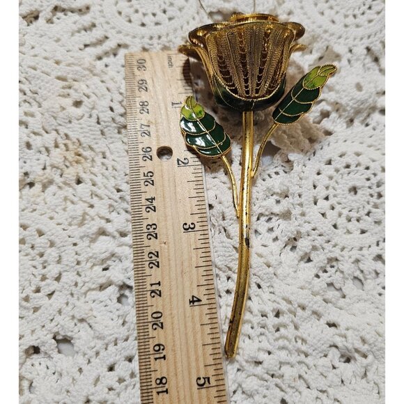 Vtg Gold Tone Filigree Rose Cloisonné Leaf 3D Rose Ornament - Picture 15 of 16